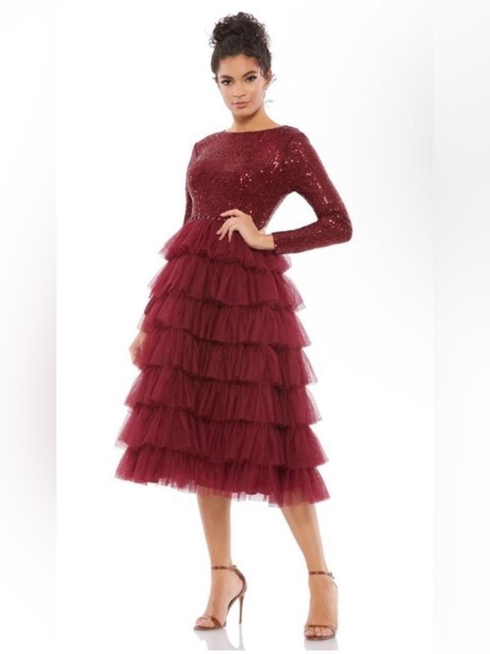 Mac Duggal 26299 Red Wine Tiered Ruffle Long Sleeve Midi Dress Sz 4 $498 Pearls
